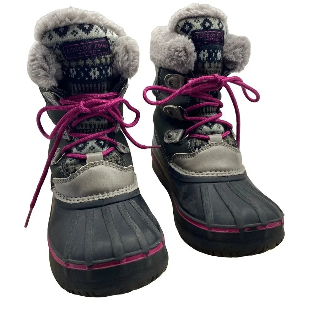 London Fog Big Girl Black Faux Fur Aztec Print Winter Snow Tottenham Boots‎ Sz 2